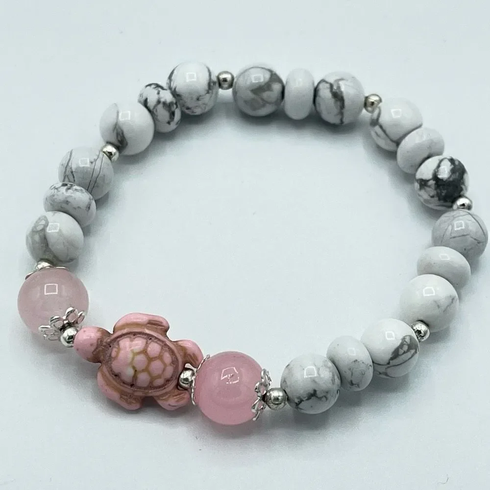 Crystal beaded stretch bracelet ONE NEW rose quartz howlite turtle reiki meditat